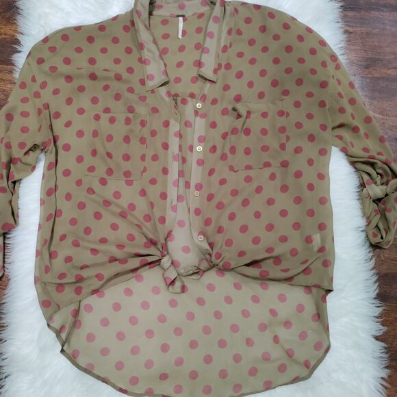 Free People Brown/Pink Polka Dot Button-Up Shirt High Low Hem Shirt Size Medium - Picture 5 of 11